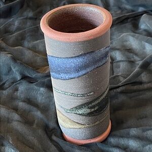 Vintage Alfa Dom stoneware,cylinder vase.Glaze drip. Dom Rep. like new no flaws